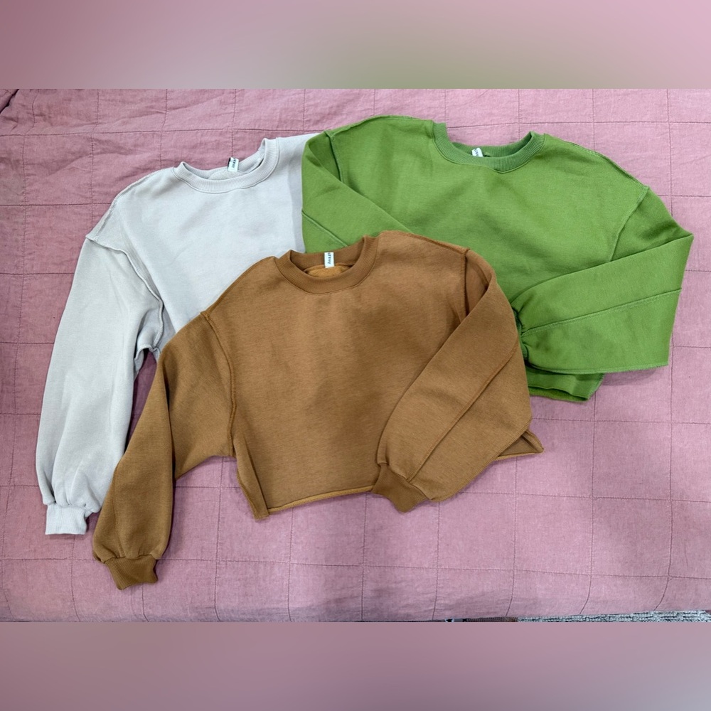 Trendy Sweatshirt Trio in Green, Tan, and Cream